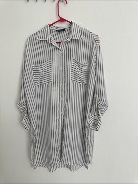 Striped Button-Up Longline Shirt - White/Black